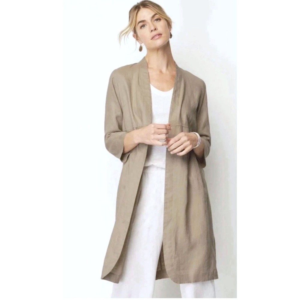 J Jill Pure Elements Womens XSP Tan Linen Open Front Long Cardigan Jacket Duster